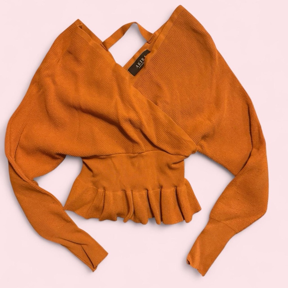 AKIRA Rust Orange Ruffle-Hem Wrap Sweater